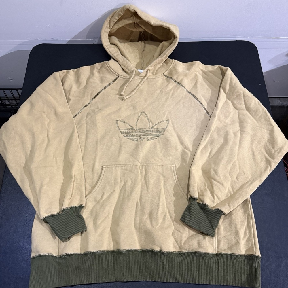 Vintage 90s Adidas Beige Pullover Hoodie Trefoil Embroidered USA Made Mens Sz L